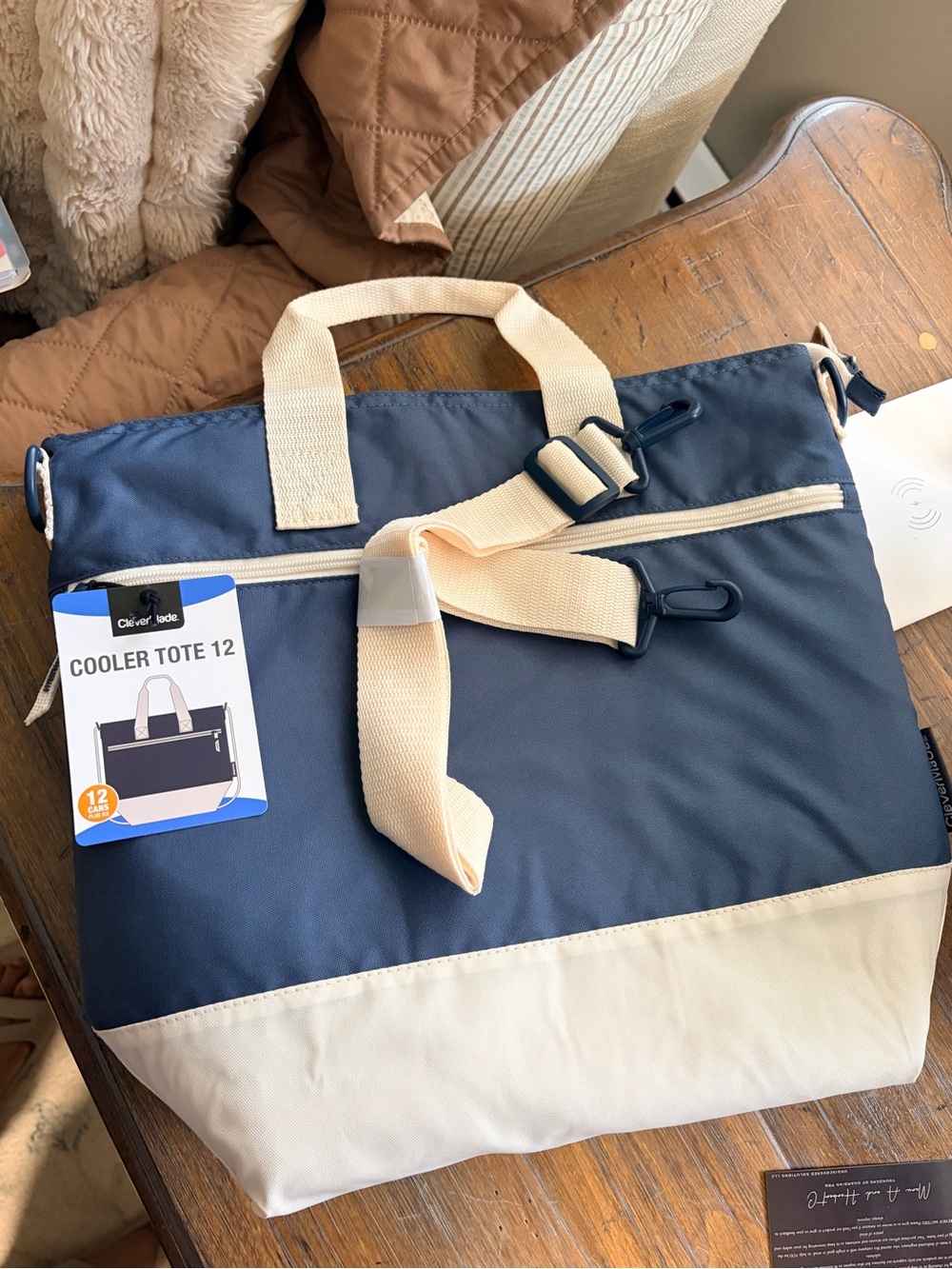 Cooler Tote 12 - Navy and Cream Insulated Travel Tote